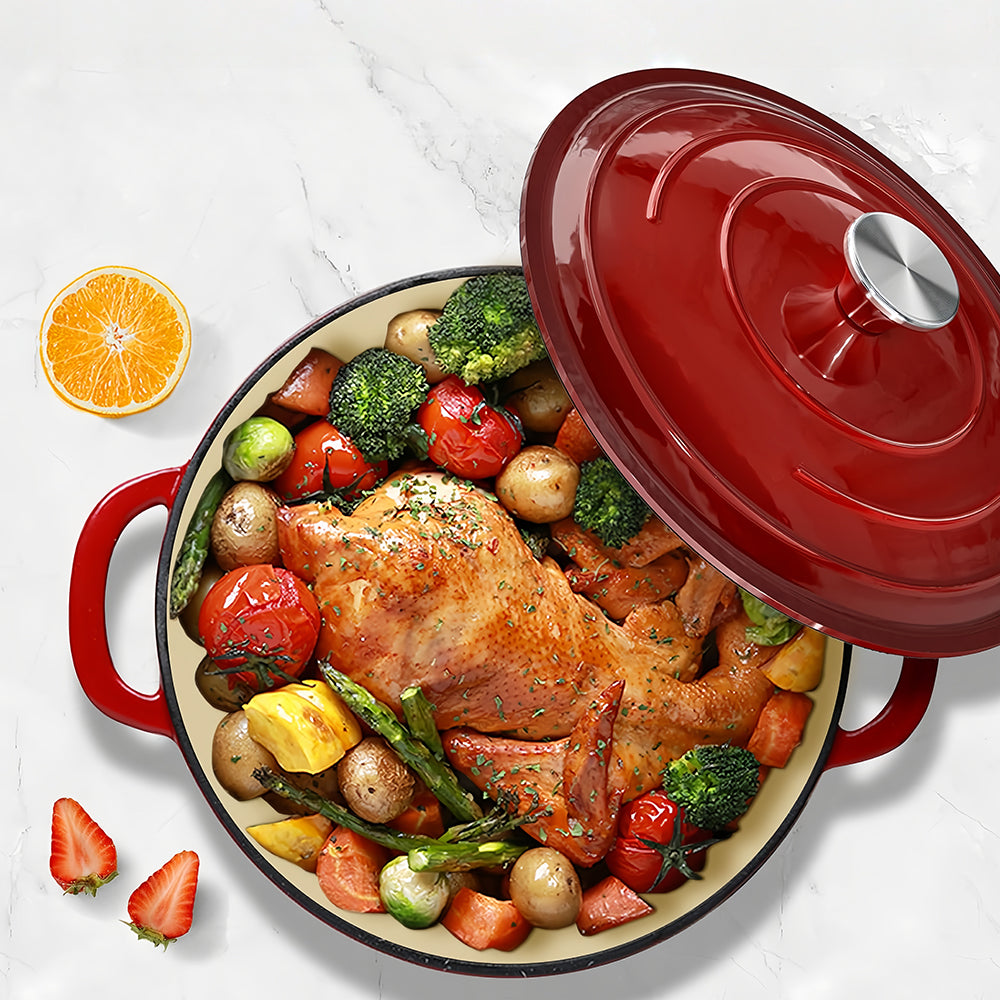 5QT Enameled Cast Iron Dutch Oven with Lid and Potholders Braise and Bake