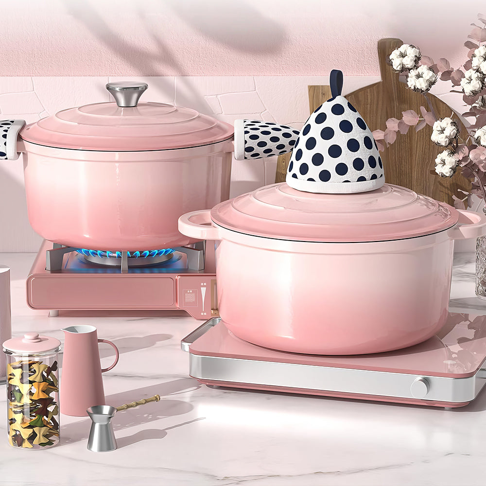 5Qt Enameled Cast Iron Dutch Oven with Lid & Cotton Potholders, Cream