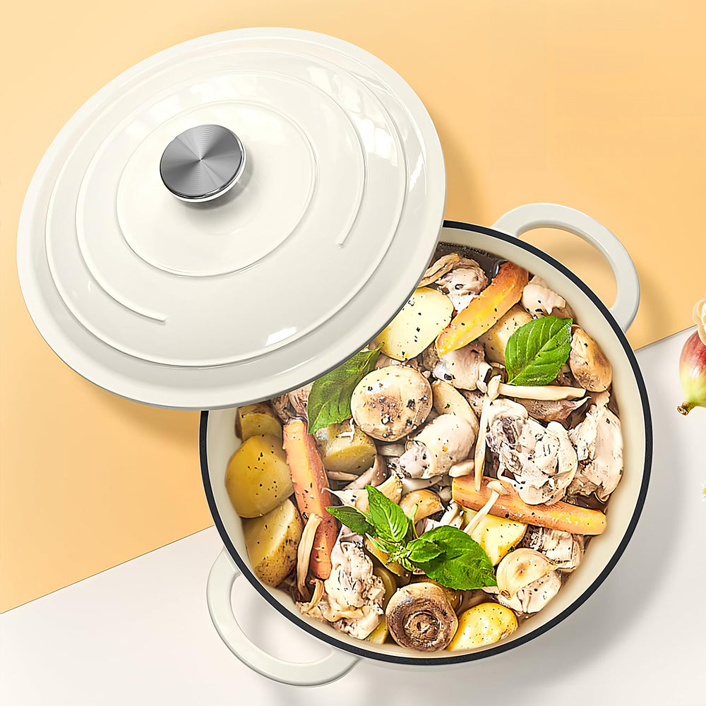 5Qt Enameled Cast Iron Dutch Oven with Lid & Cotton Potholders, Cream
