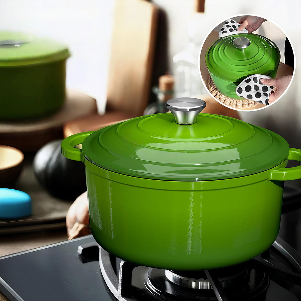 5Qt Enameled Cast Iron Dutch Oven with Lid & Cotton Potholders, Cream